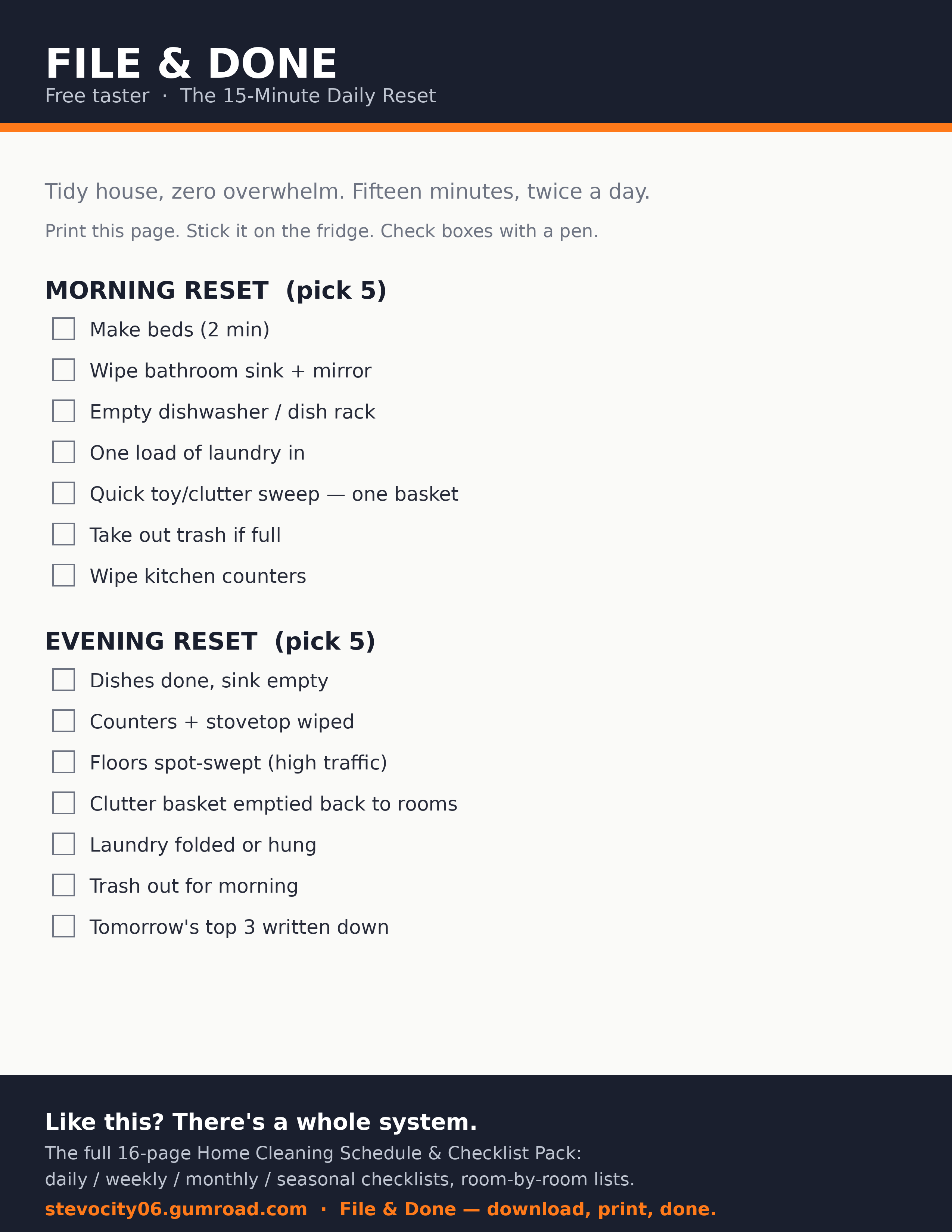 Preview of the free Daily Reset one-page sample from File & Done